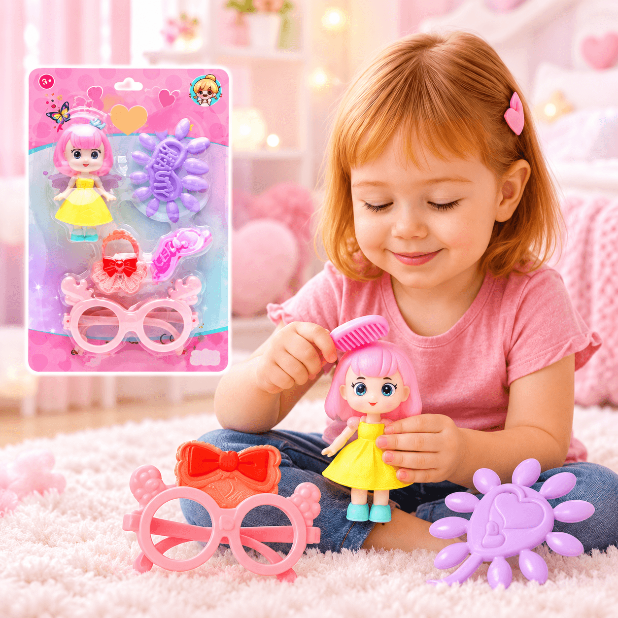 Set de Belleza Infantil con Muñeca de Cabello Rosado y Gafas