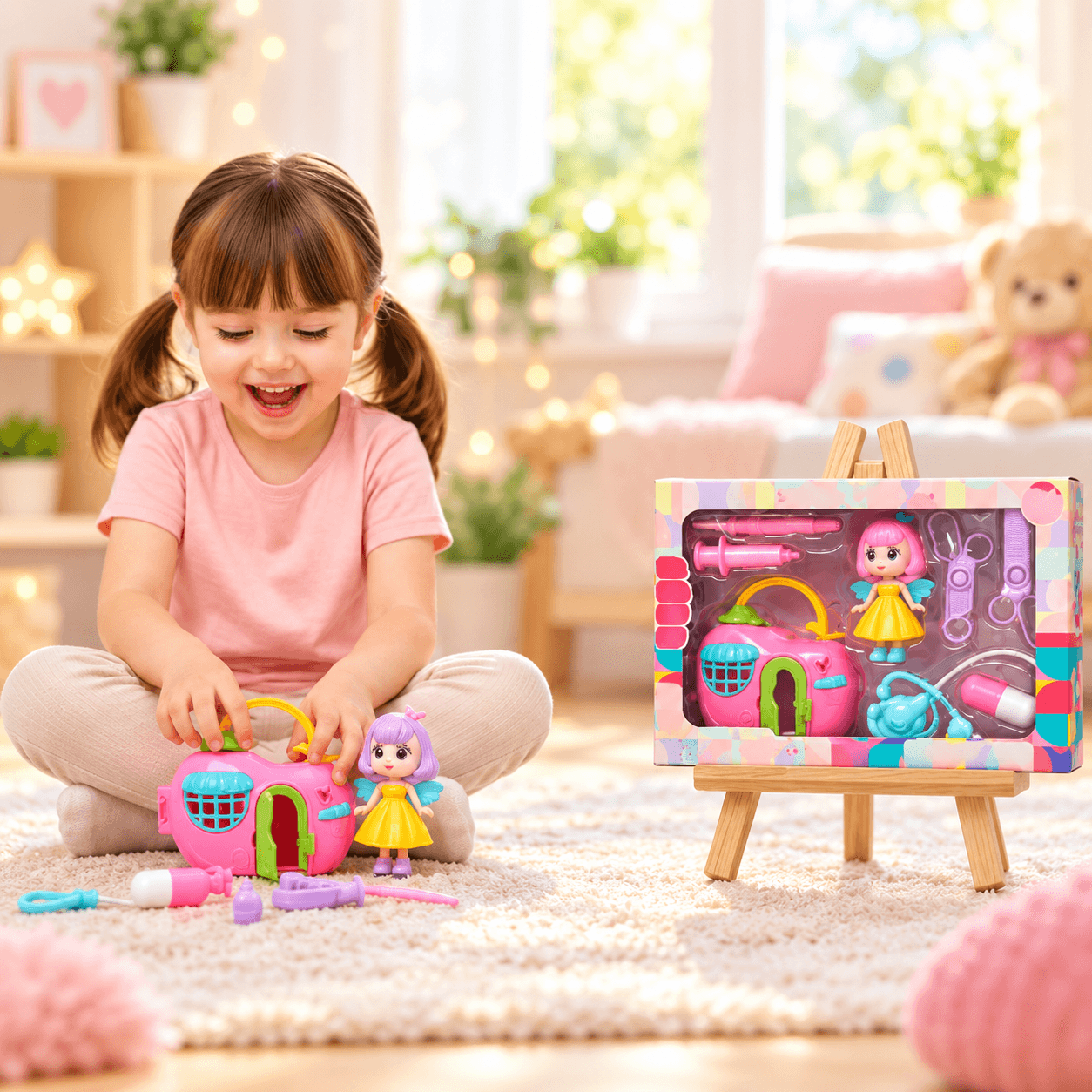 Set de Muñeca Hada con Carro Rosado y Accesorios