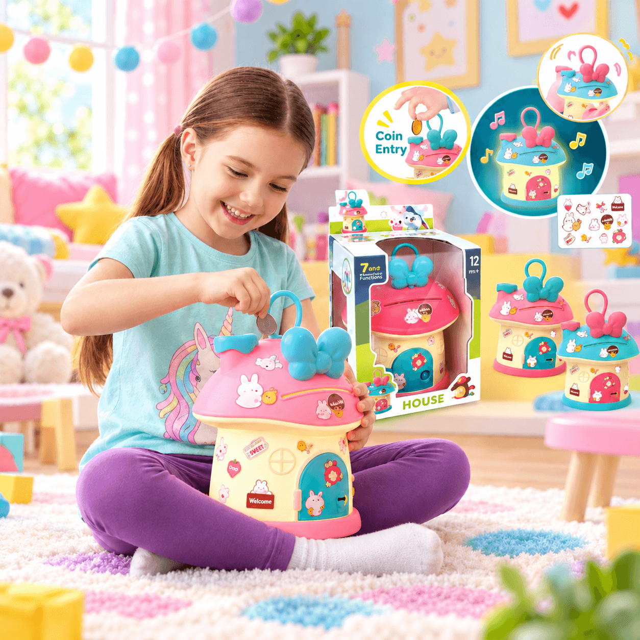 Alcancía Infantil Casita Hongo con Moño y Stickers