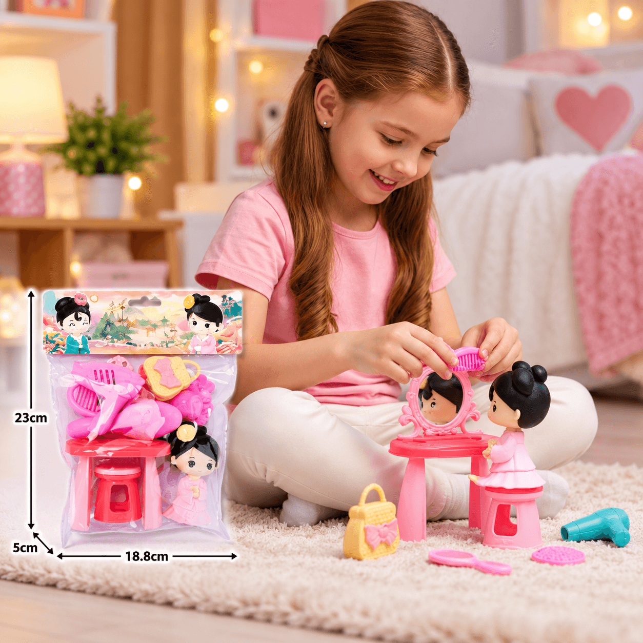 Set de Muñeca con Tocador Rosado y Accesorios