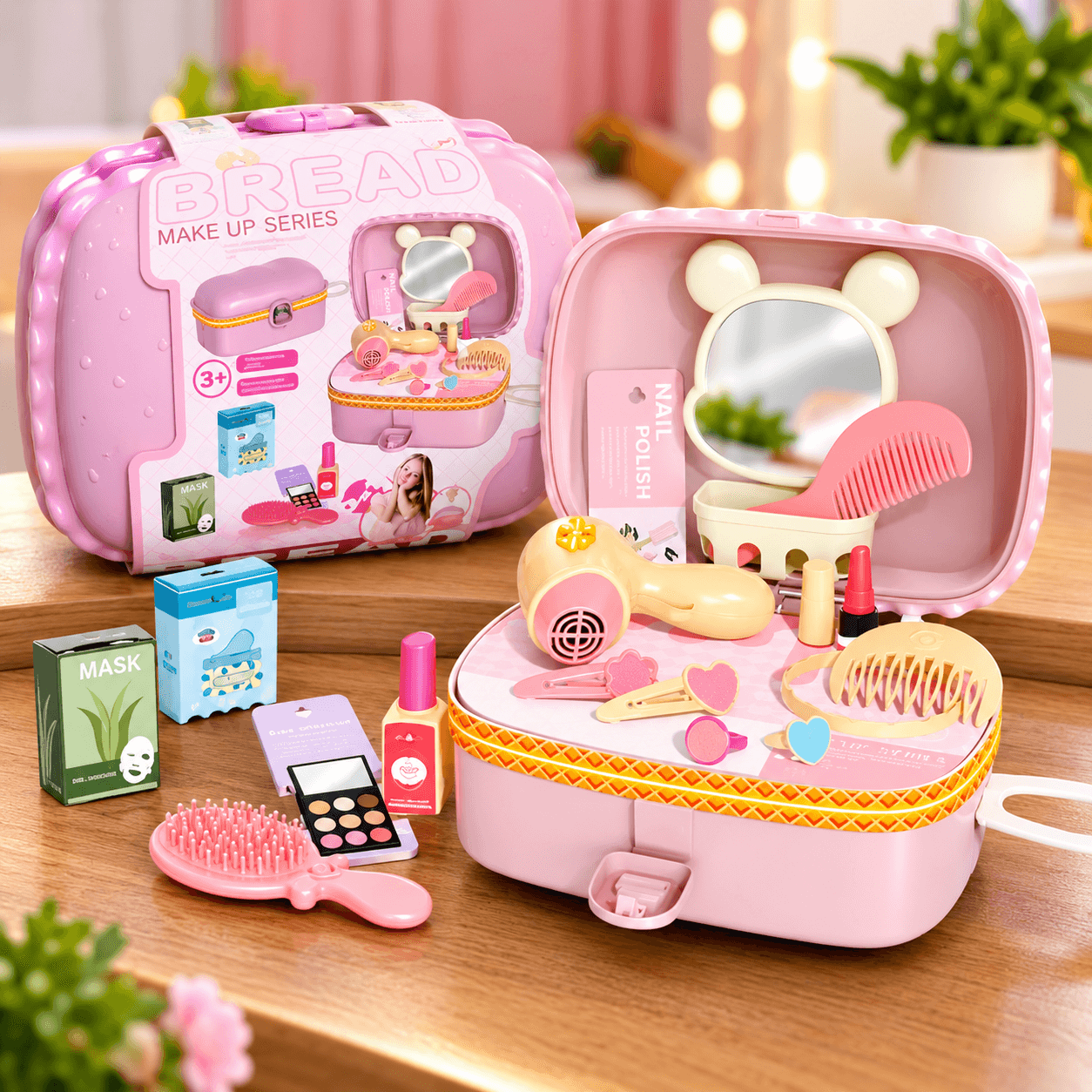 Set de Belleza de Juguete en Estuche Rosado con Espejo
