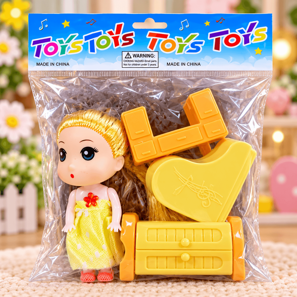 Muñeca de Juguete con Piano y Mueble Vestido Amarillo