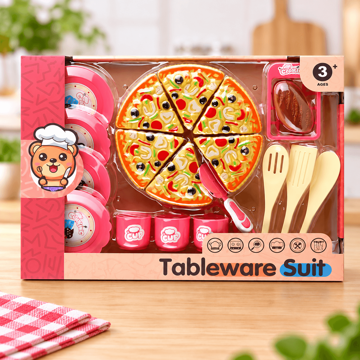 Set de Cocina de Juguete con Pizza y Vajilla Rosada