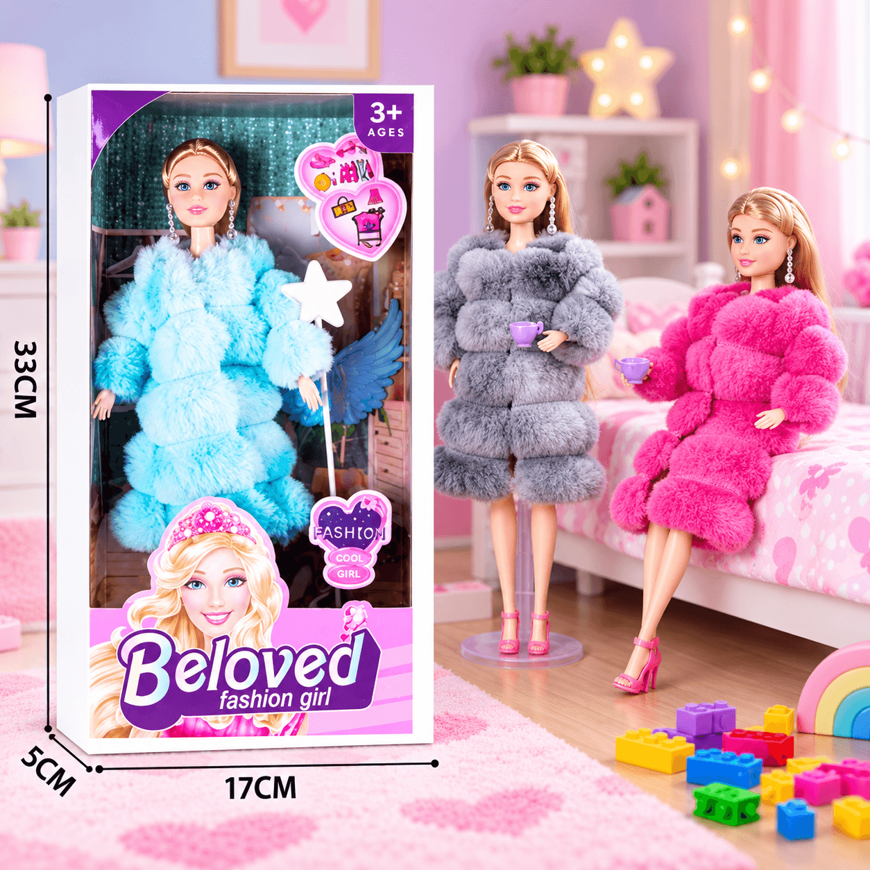 Muñeca Fashion con Abrigo de Peluche en Caja