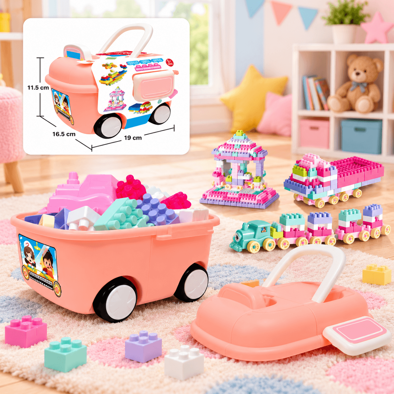 Carrito Estuche Rosado con Bloques Armatodo para Armar
