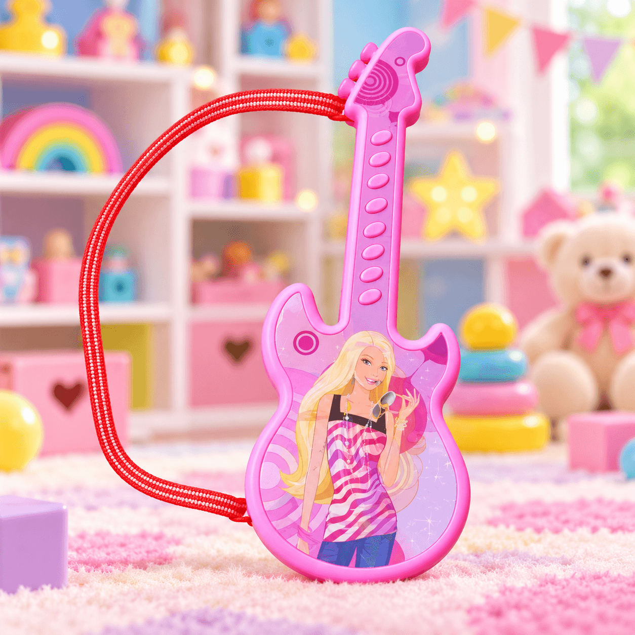 Guitarra de Juguete Rosada con Figura de Muñeca y Correa