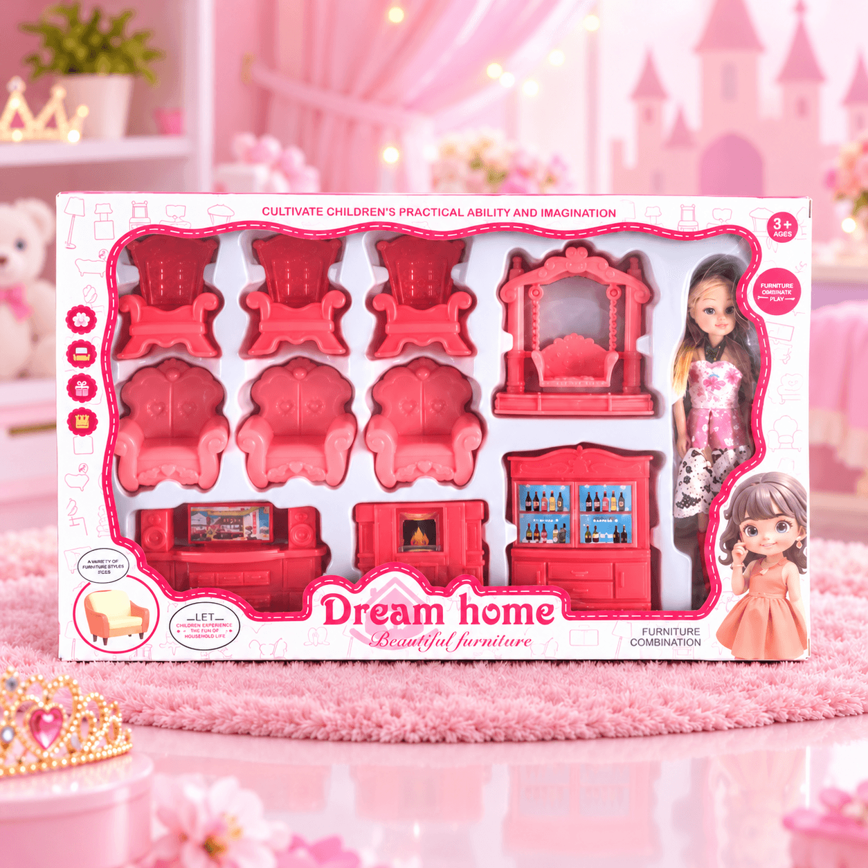 Set de Muebles de Juguete Rosados con Muñeca Princesa