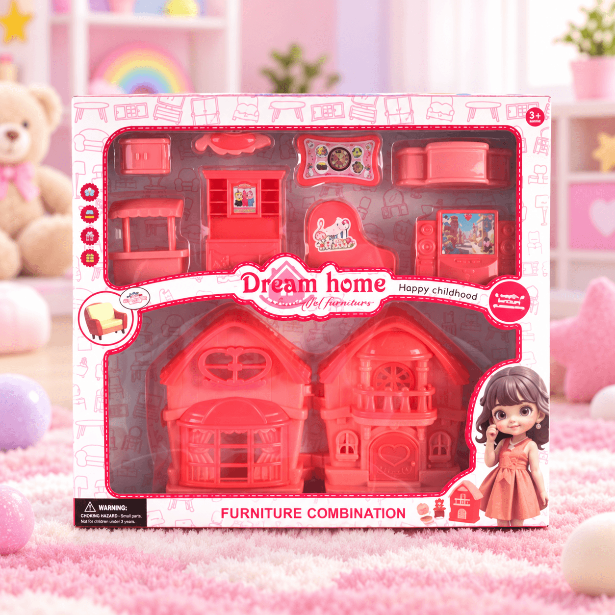 Set Casa de Muñecas Rosada con Muebles en Caja