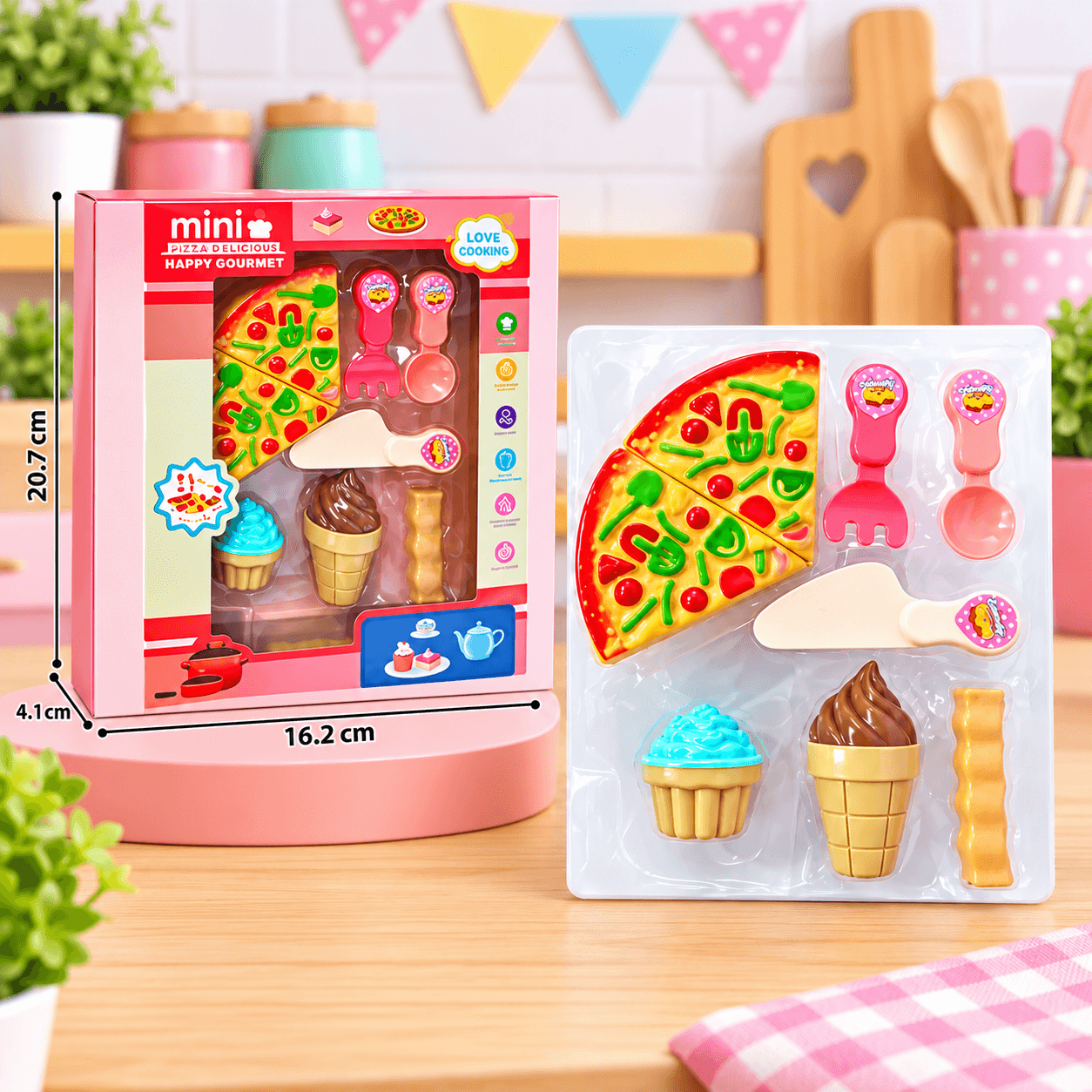 Set de Pizza de Juguete en Caja con Helado y Cupcake